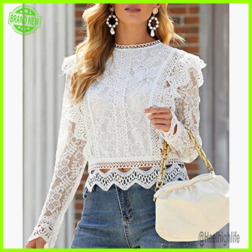 Floral Lace Crochet Sheer Blouse Victorian Ruffle Trim Scalloped Hem - Picture 2 of 3